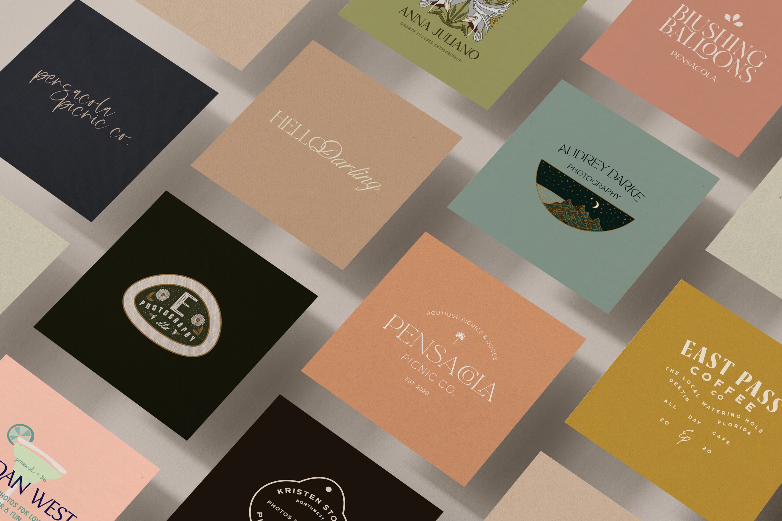 grid of squares of color hovering over a neutral background with brand logos on them